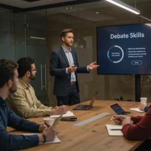 גבר מעביר סדנת דיבייט לחברות וארגונים ומציג מיומנויות שכנוע ושפת גוף